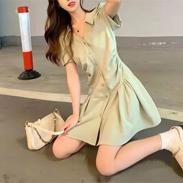 Button-Up V-Neck Dress Short-Sleeve Plain A-Line Mini