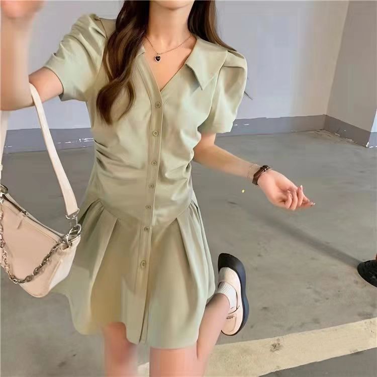 Button-Up V-Neck Dress Short-Sleeve Plain A-Line Mini