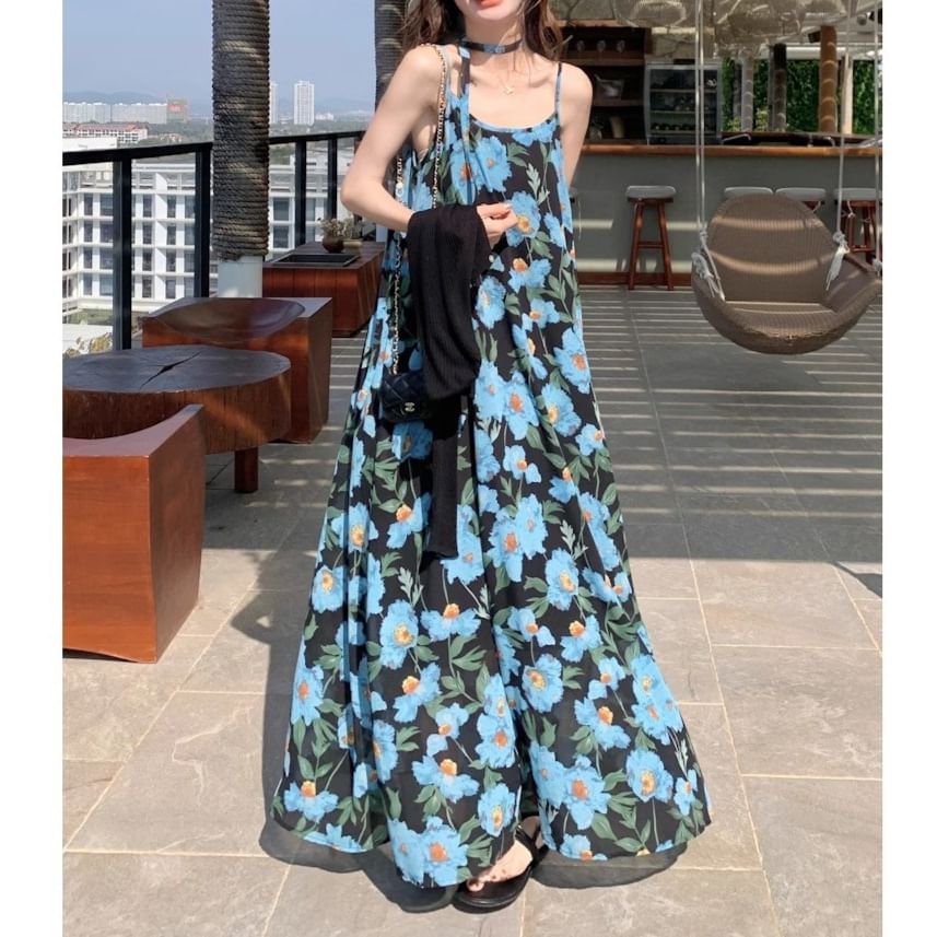 Floral Neck Strap Spaghetti Scoop Print Dress Maxi A-Line