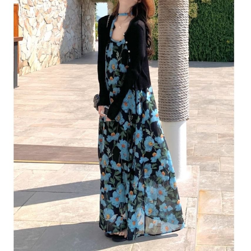 Floral Neck Strap Spaghetti Scoop Print Dress Maxi A-Line