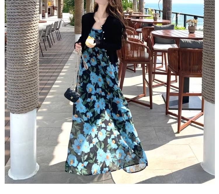 Floral Neck Strap Spaghetti Scoop Print Dress Maxi A-Line