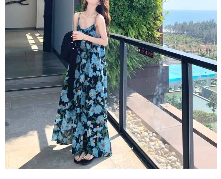 Floral Neck Strap Spaghetti Scoop Print Dress Maxi A-Line