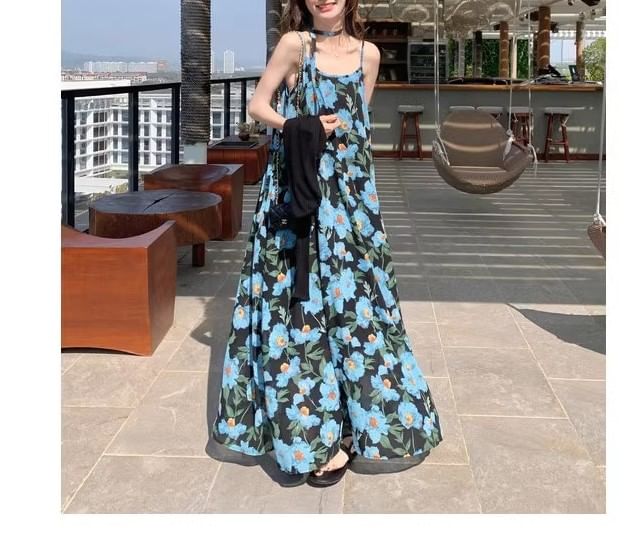 Floral Neck Strap Spaghetti Scoop Print Dress Maxi A-Line