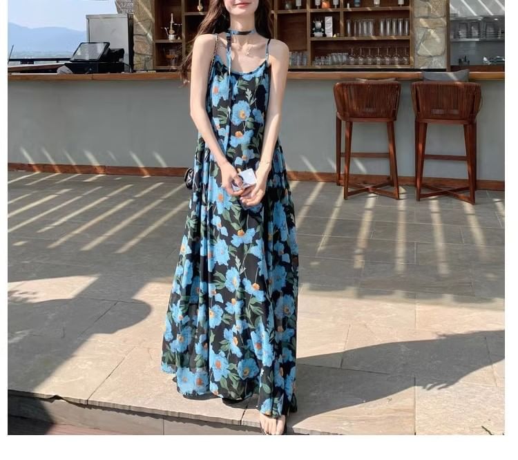Floral Neck Strap Spaghetti Scoop Print Dress Maxi A-Line