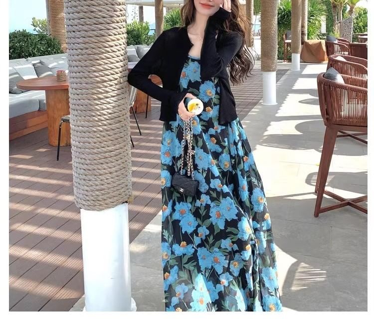 Floral Neck Strap Spaghetti Scoop Print Dress Maxi A-Line