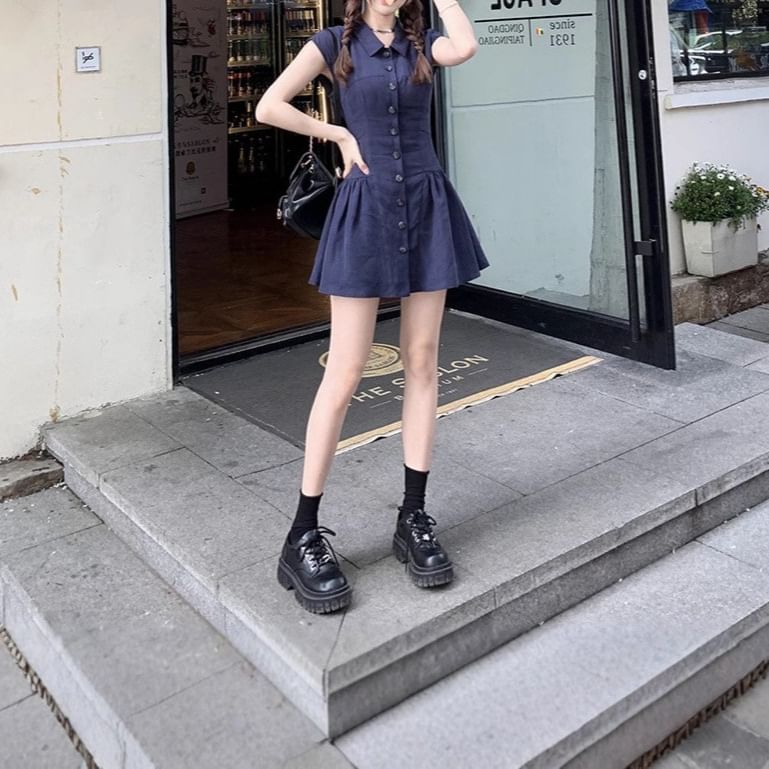 Mini Shirt Short-Sleeve Plain A-Line Dress