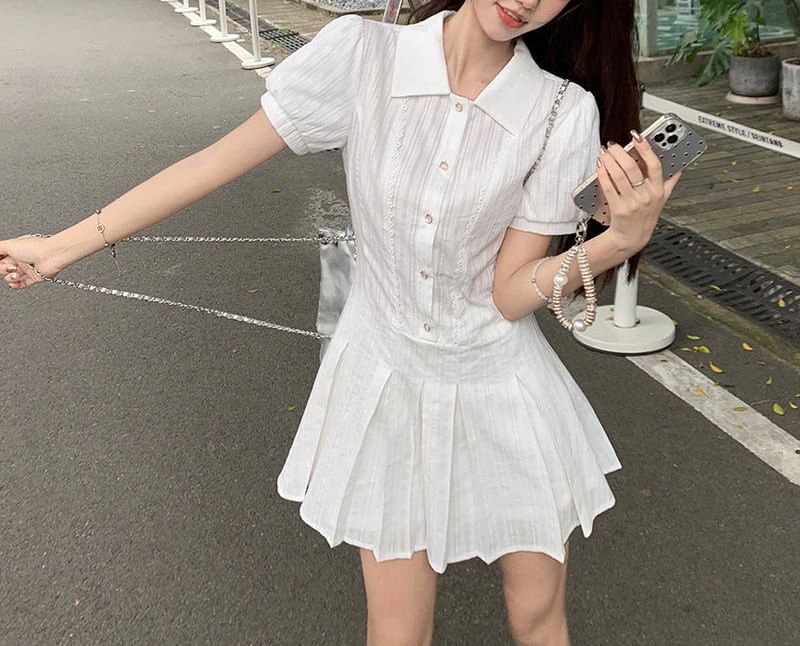 Mini Pleated Shirt Plain Short-Sleeve Dress