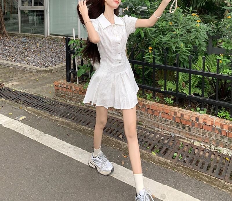 Mini Pleated Shirt Plain Short-Sleeve Dress
