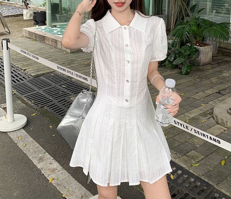 Mini Pleated Shirt Plain Short-Sleeve Dress