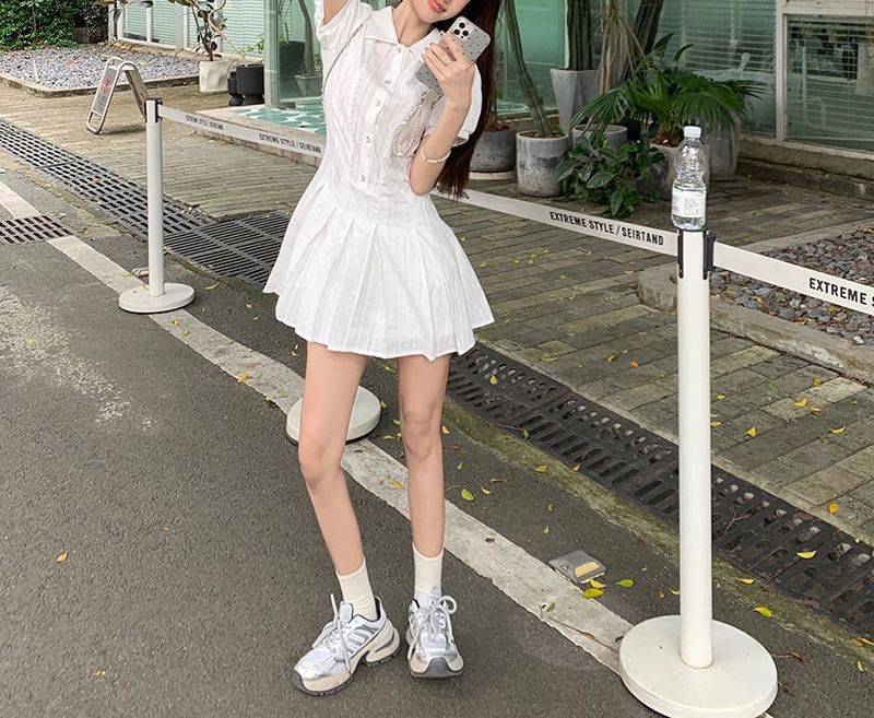 Mini Pleated Shirt Plain Short-Sleeve Dress