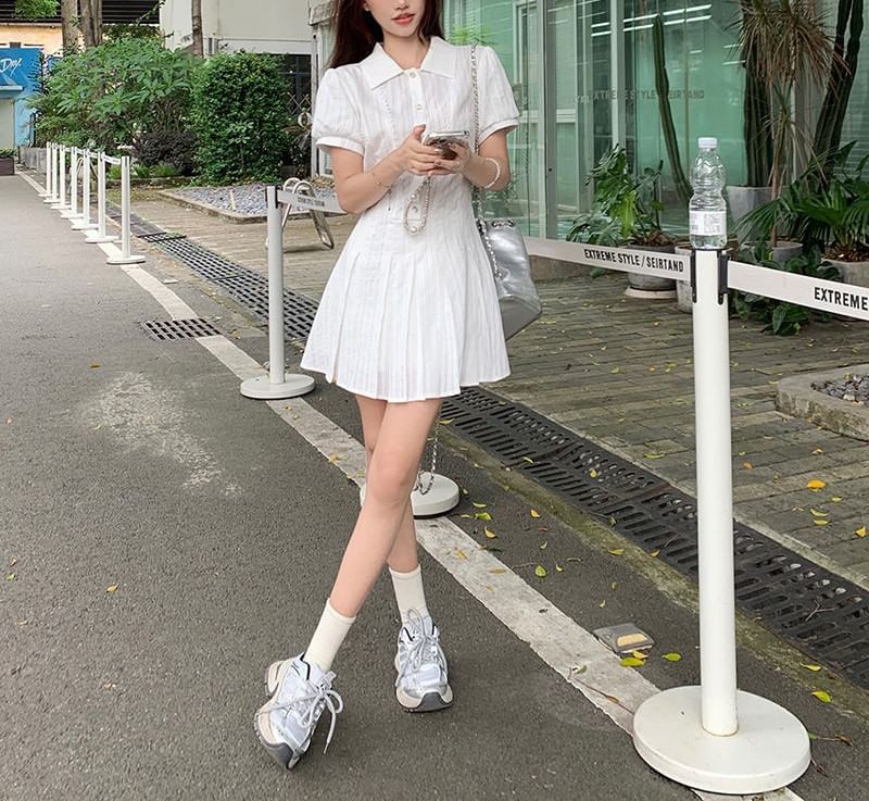 Mini Pleated Shirt Plain Short-Sleeve Dress