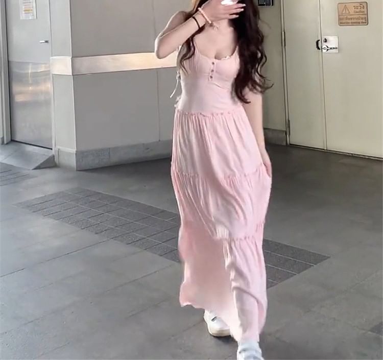 Scoop Neck Plain Dress Spaghetti Strap Maxi A-Line