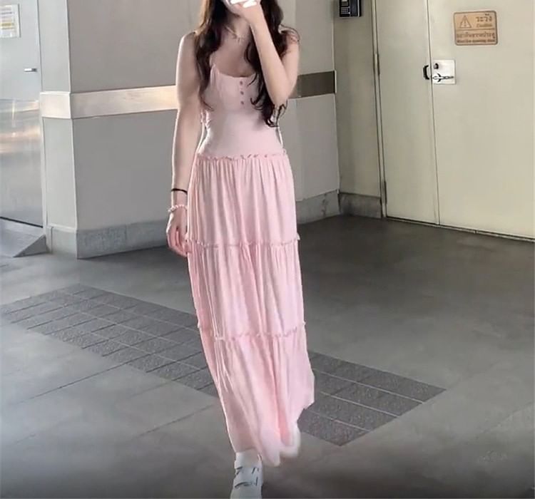 Scoop Neck Plain Dress Spaghetti Strap Maxi A-Line