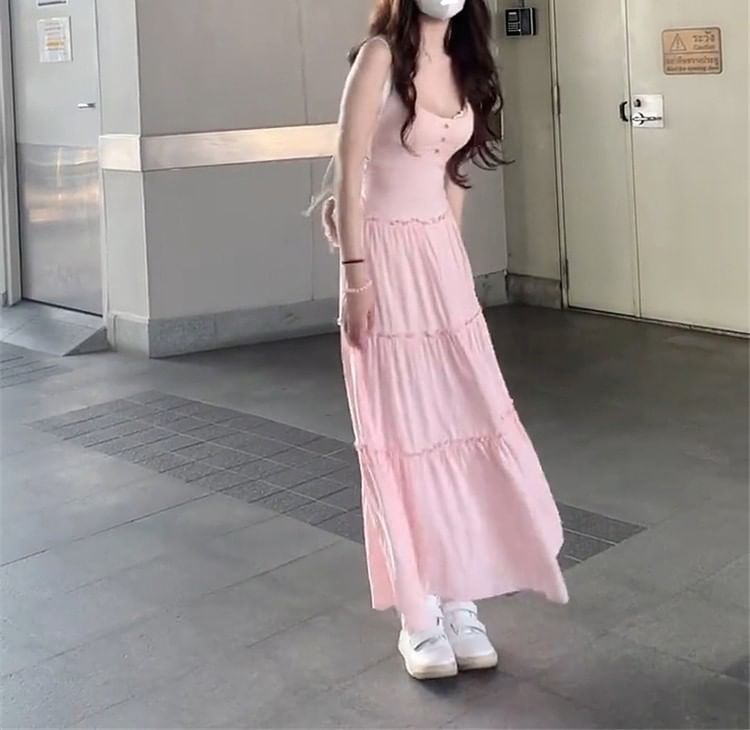 Scoop Neck Plain Dress Spaghetti Strap Maxi A-Line