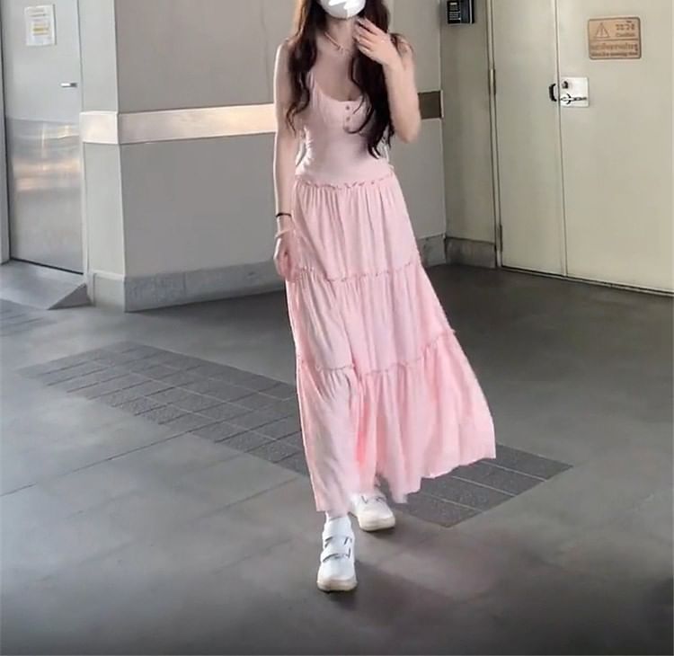 Scoop Neck Plain Dress Spaghetti Strap Maxi A-Line