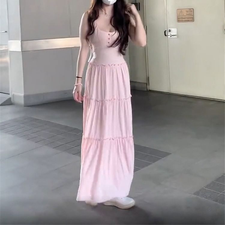 Scoop Neck Plain Dress Spaghetti Strap Maxi A-Line