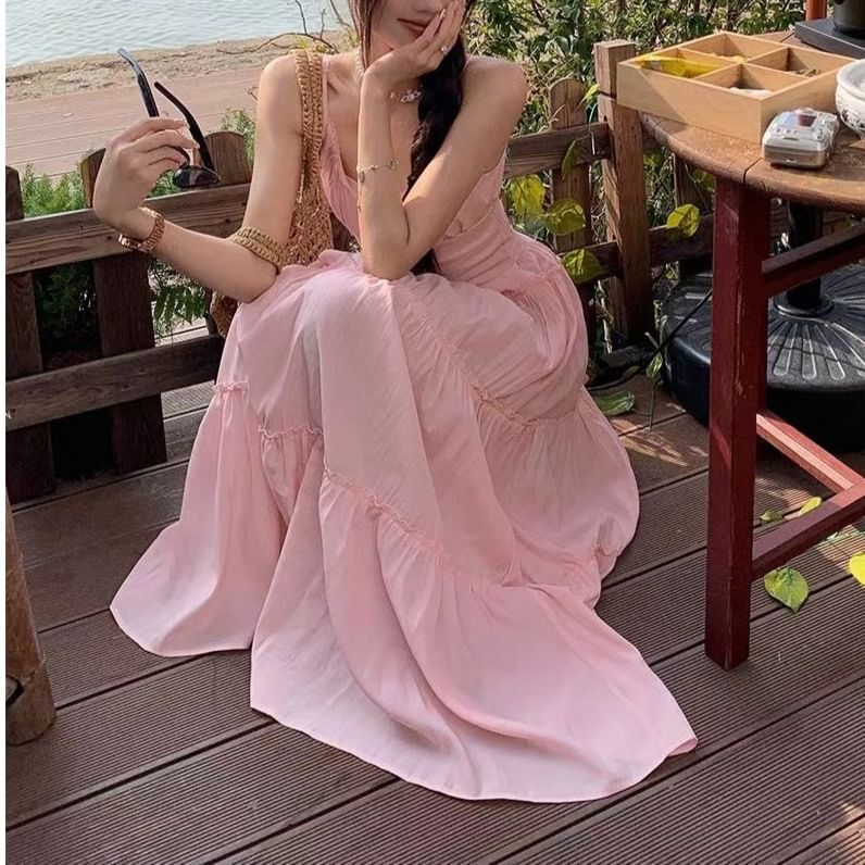 Scoop Neck Plain Dress Spaghetti Strap Maxi A-Line