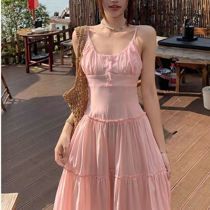 Scoop Neck Plain Dress Spaghetti Strap Maxi A-Line