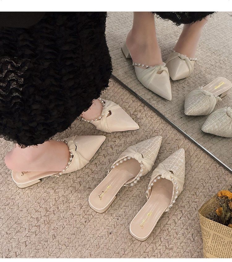 Toe Mules Knot Pearl Faux Chunky Heel Pointed