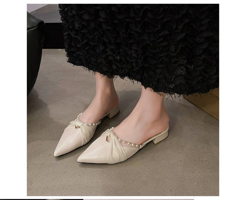 Toe Mules Knot Pearl Faux Chunky Heel Pointed