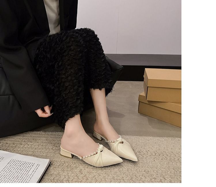 Toe Mules Knot Pearl Faux Chunky Heel Pointed