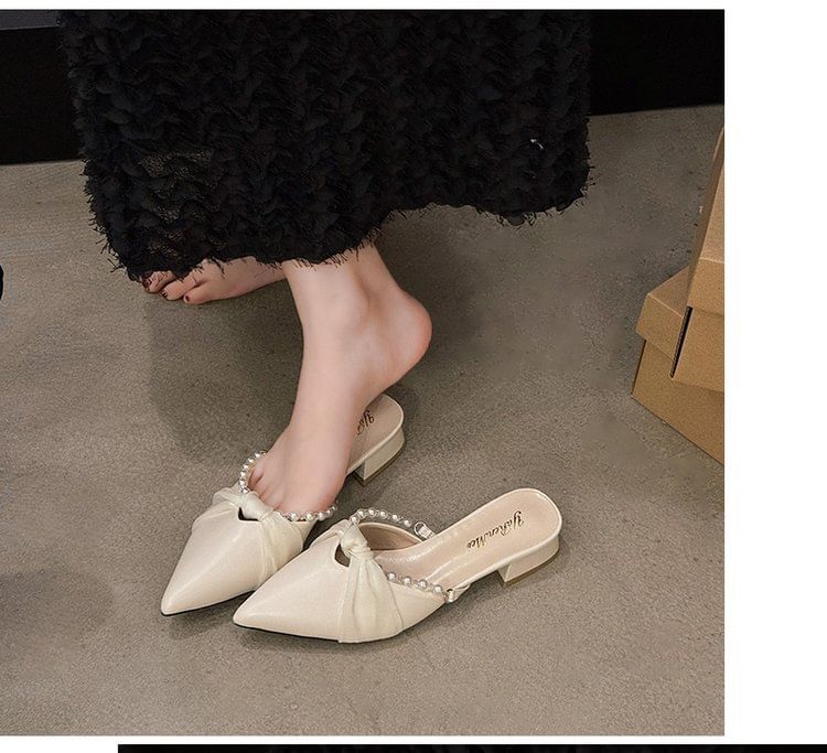 Toe Mules Knot Pearl Faux Chunky Heel Pointed