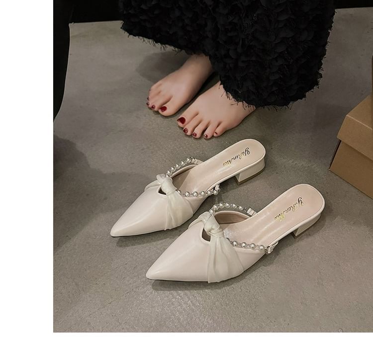 Toe Mules Knot Pearl Faux Chunky Heel Pointed