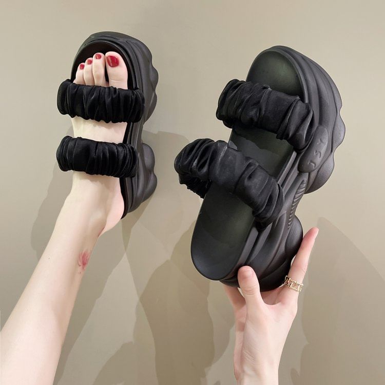 Slide Platform Ruched Strap Plain Sandals