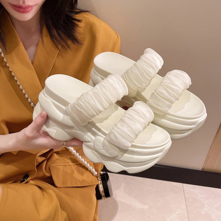 Slide Platform Ruched Strap Plain Sandals