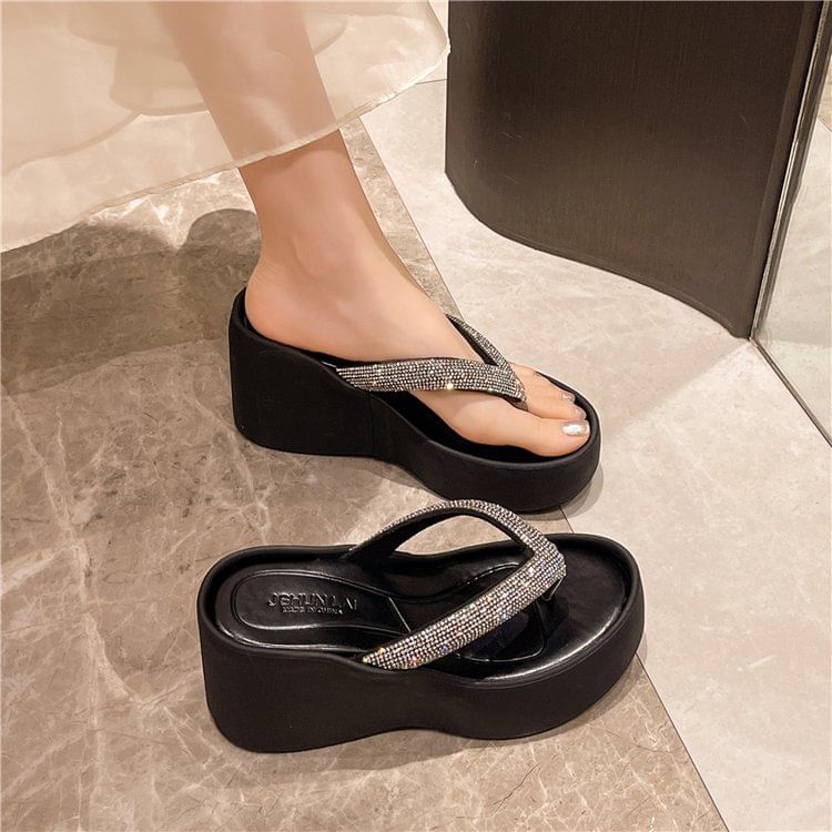 Platform Wedge Heel Flip-Flops Rhinestone