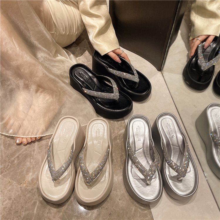 Platform Wedge Heel Flip-Flops Rhinestone