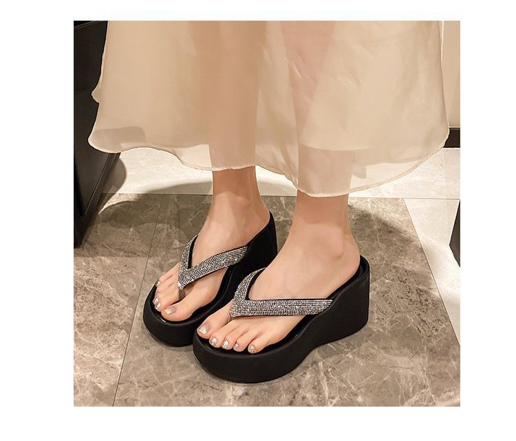 Platform Wedge Heel Flip-Flops Rhinestone