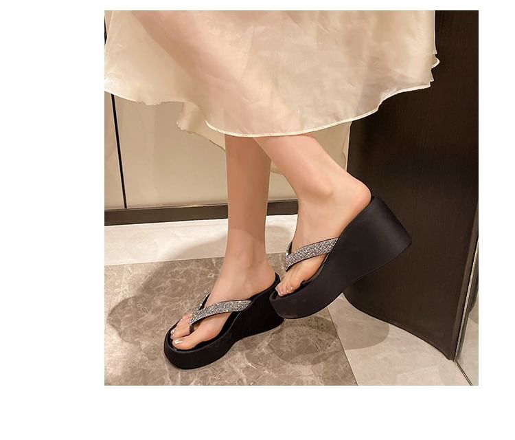 Platform Wedge Heel Flip-Flops Rhinestone
