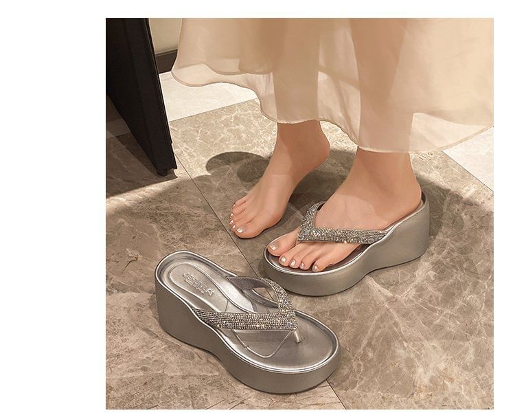 Platform Wedge Heel Flip-Flops Rhinestone