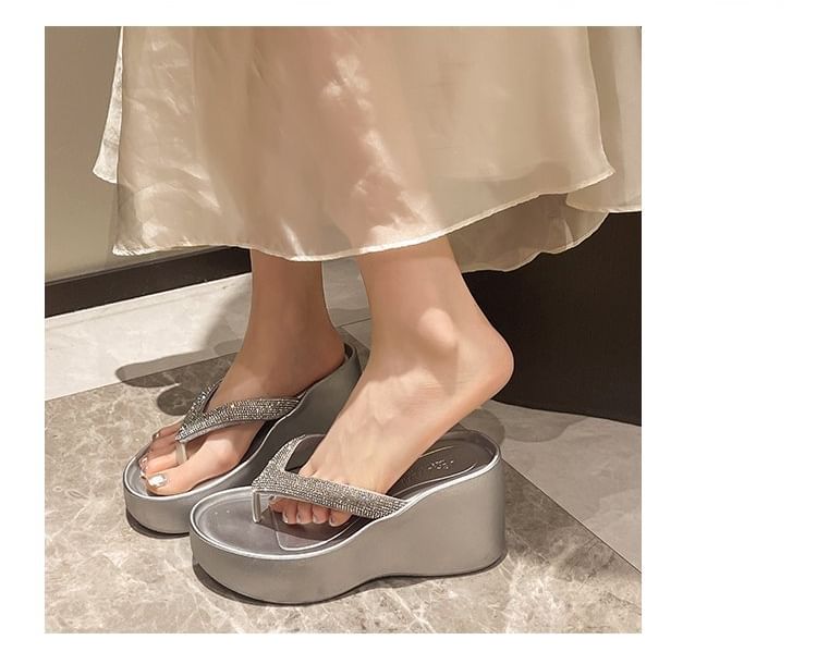 Platform Wedge Heel Flip-Flops Rhinestone