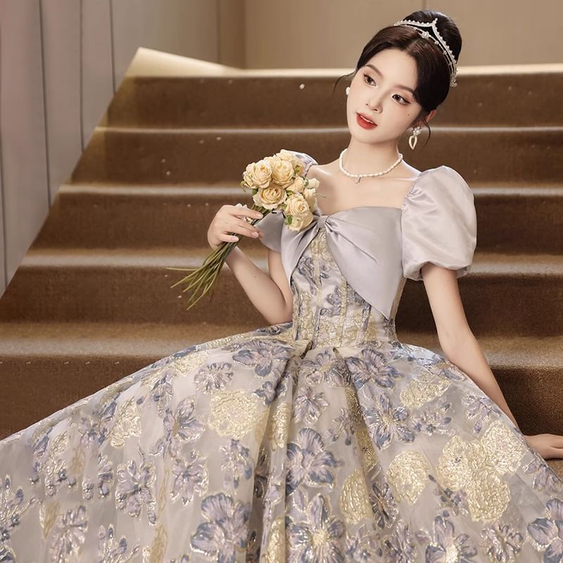 Short-Sleeve Floral Panel Ball Gown