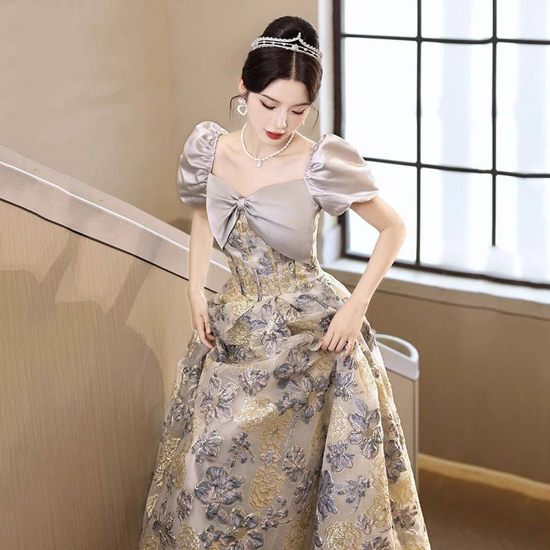 Short-Sleeve Floral Panel Ball Gown