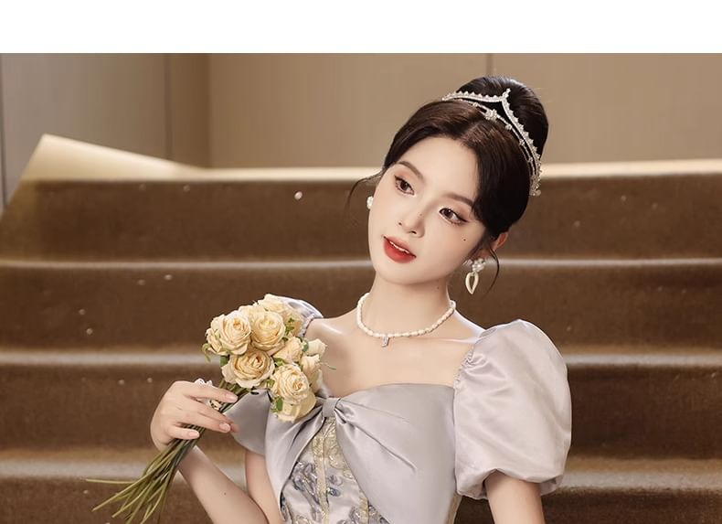 Short-Sleeve Floral Panel Ball Gown