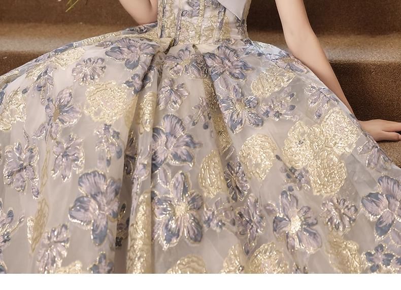 Short-Sleeve Floral Panel Ball Gown
