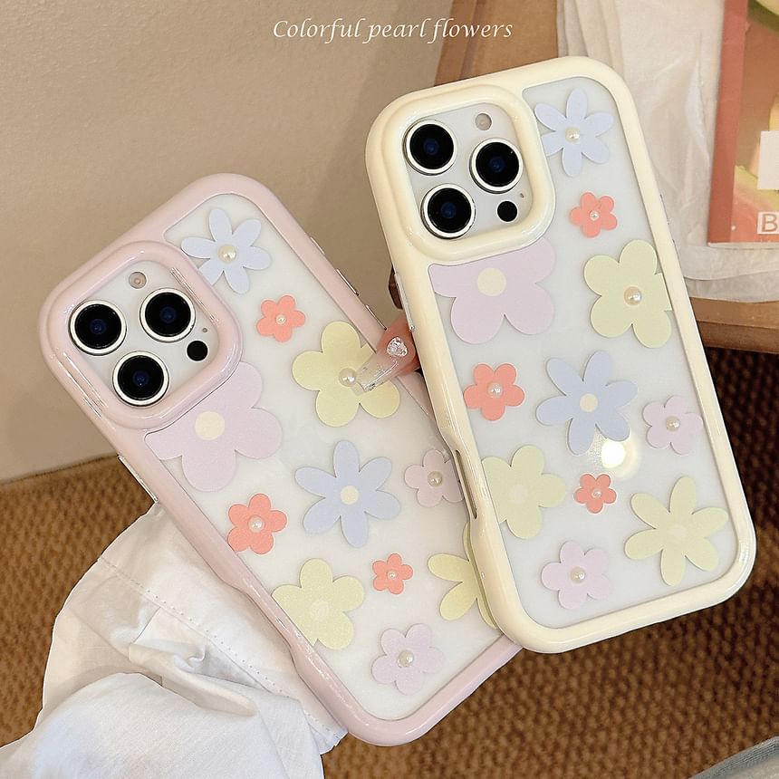 iPhone Print Floral Sticker Faux Pearl + Set: Case
