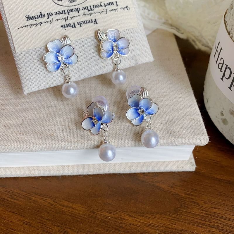 Clip Pearl Drop Earring On / Faux Flower