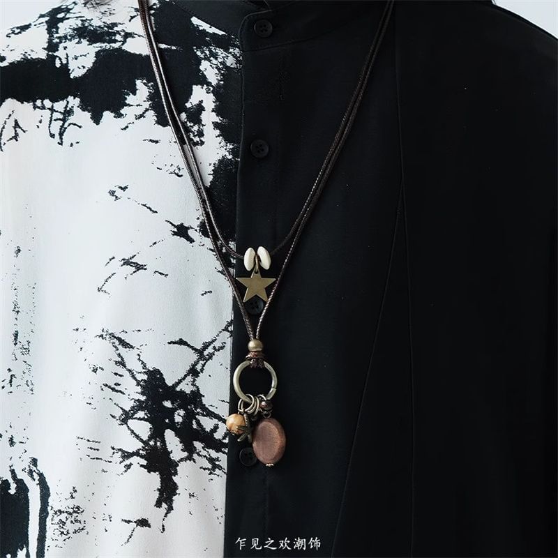 Star Pendant Bead Necklace Cord Layered