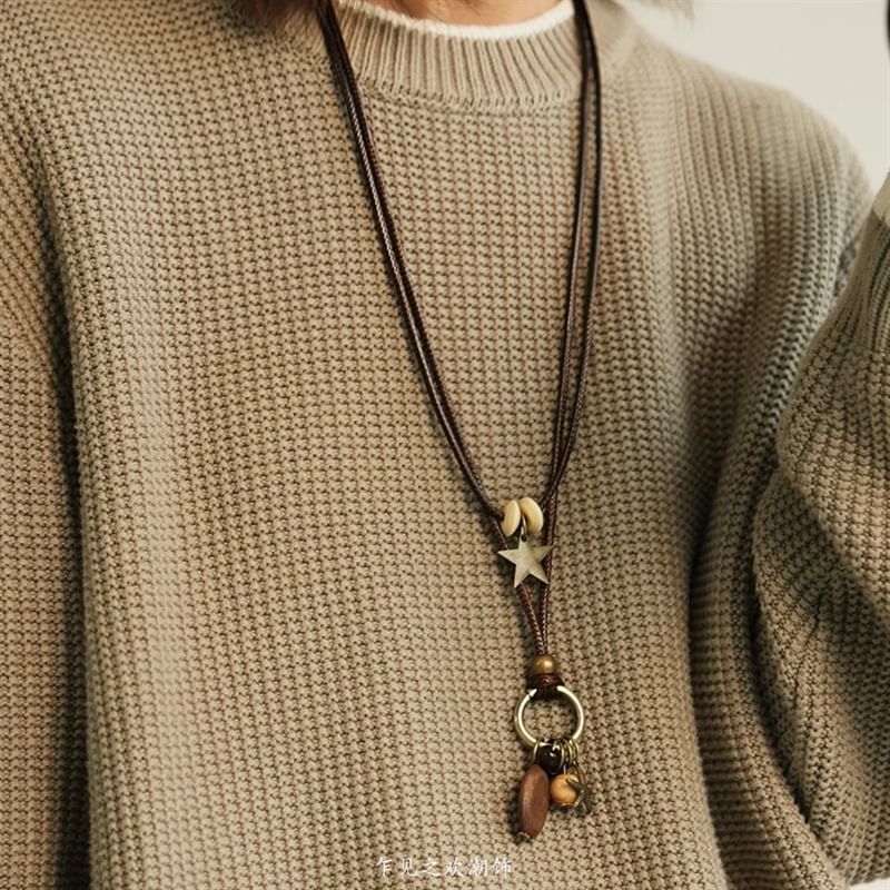 Star Pendant Bead Necklace Cord Layered