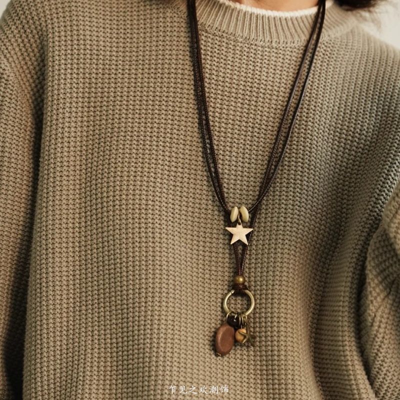 Star Pendant Bead Necklace Cord Layered