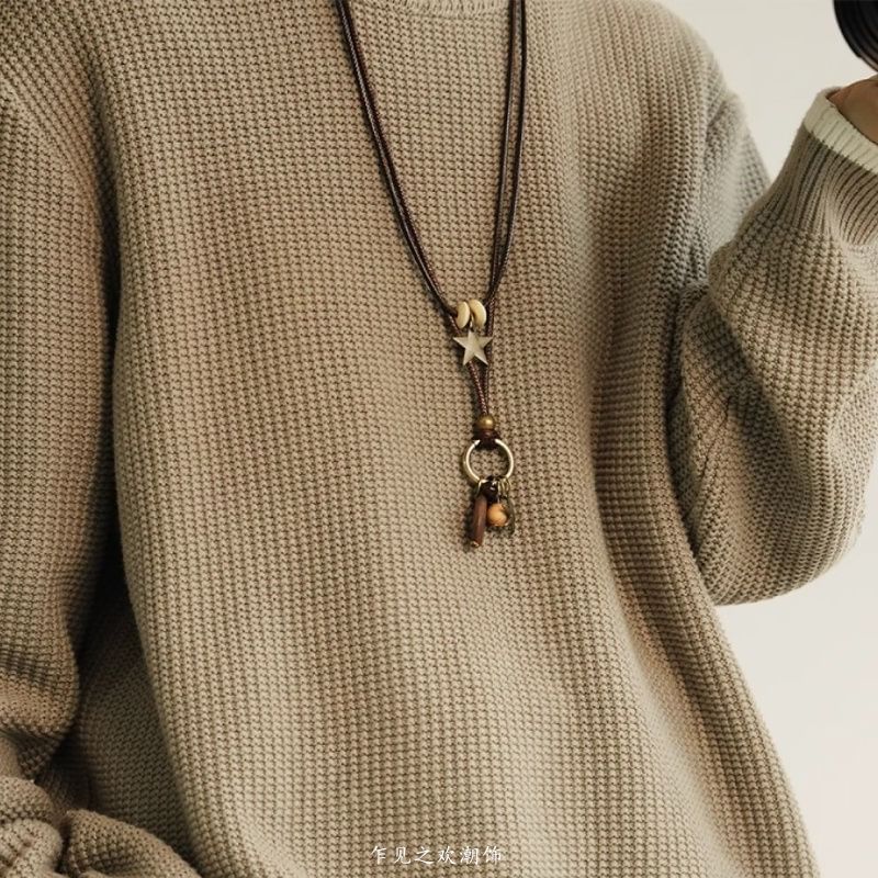 Star Pendant Bead Necklace Cord Layered