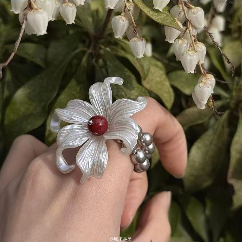 Pearl Faux Alloy Elastic Floral Ring
