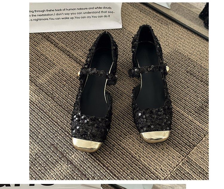 Heel Jane Tweed Pumps Sequin Block Square Mary Toe