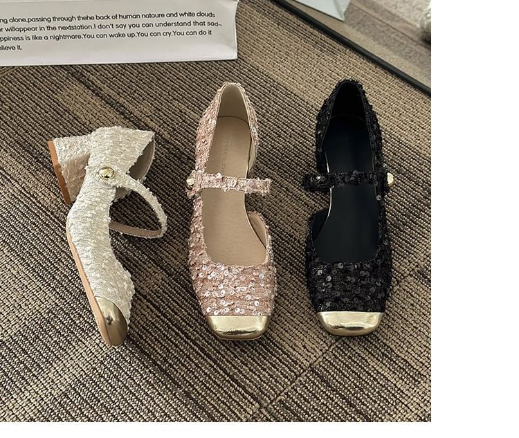 Heel Jane Tweed Pumps Sequin Block Square Mary Toe