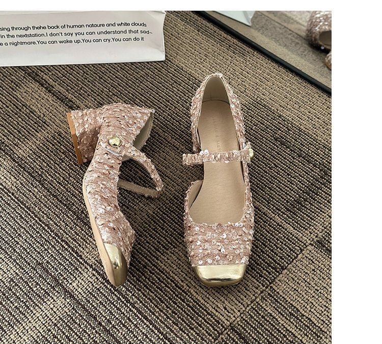 Heel Jane Tweed Pumps Sequin Block Square Mary Toe