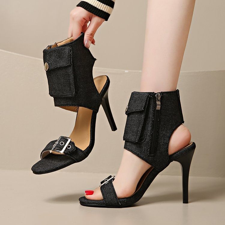 Heel High Sandals Buckled Denim Boot